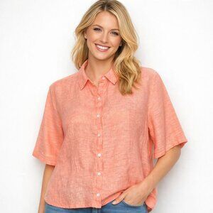 Tahari Linen Shirt Coral Button Down Oversized Blouse Coastal Preppy Resort S